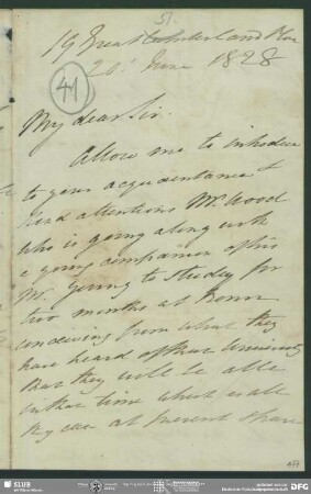 Eigenh. Brief von Alexander Johnston an August Wilhelm von Schlegel, London, 20.06.1828