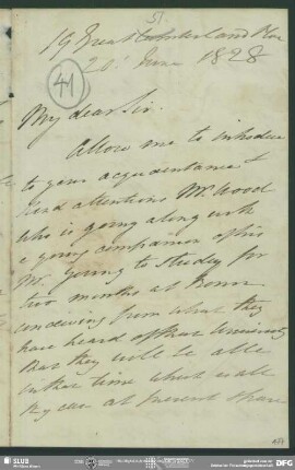 Eigenh. Brief von Alexander Johnston an August Wilhelm von Schlegel, London, 20.06.1828