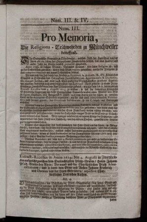 Num. III. & Num. IV. Pro Memoria, Die Religions-Beschwehrden zu Münchweiler betreffend