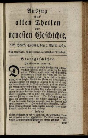 XIV. Stück. Coburg, den 2. April, 1763.