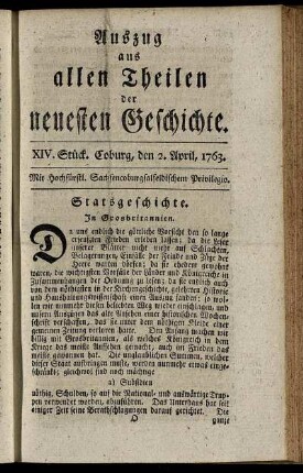 XIV. Stück. Coburg, den 2. April, 1763.
