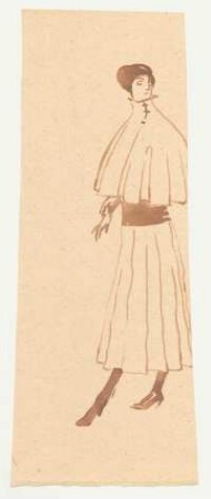 Figurine Damenkleid : Rock mit anliegender Hüftpartie und aufspringenden Falten, Schulterumhang, Stiefel, Haube/Hut; Skizze rechts beschnitten