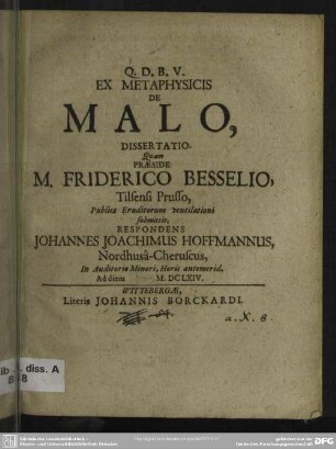 Ex metaphysicis de malo, dissertatio