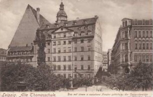 Leipzig: Alte Thomasschule ; das mit einem X versehene Fenster gehörte zu der Componierstube von Sebastian Bach