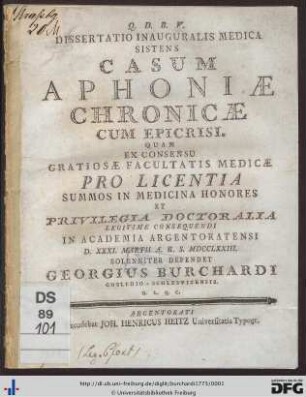 Dissertatio Inauguralis Medica Sistens Casum Aphoniae Chronicae Cum Epicrisi
