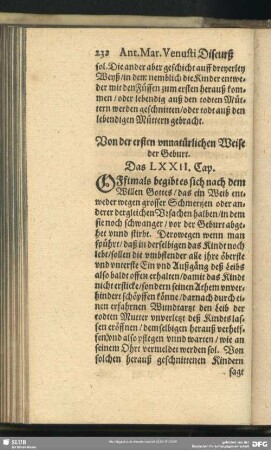 Von der ersten unnatürlichen Weise der Geburt. Das LXXII. Cap.