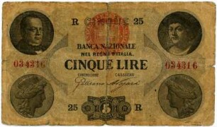Geldschein, 5 Lire, 15.1.1873