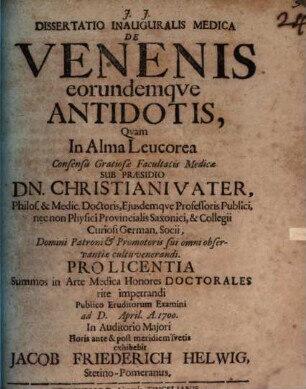 Diss. inaug. med. de venenis eorundemque antidotis