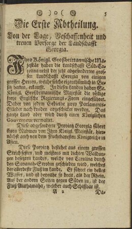 Die Erste Abtheilung. Von der Lage, Beschaffenheit und treuen Vorsorge der Landschafft Georgia.