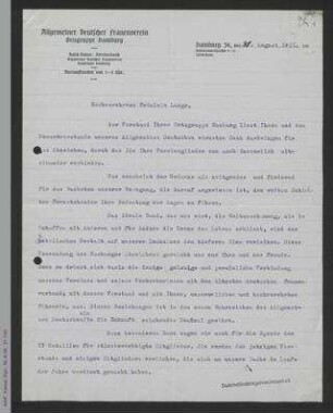 Brief der Ortsgruppe Hamburg an Helene Lange