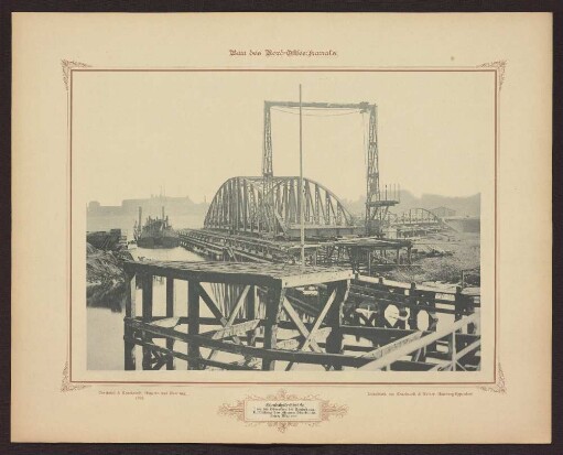 Eisenbahndrehbrücke über die Obereider bei Rendsburg. Aufstellung des eisernen Oberbaues. Anfang März 1893.