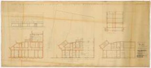 Stoffhaus Reusch, Berlin-Charlottenburg Ladenerweiterung: Grundriss Kellergeschoss, Erdgeschoss und 1. Obergeschoss, Schnitt und Ansicht Straßenfront 1:100
