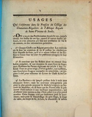 Usages qui s'observent dans la pension du Collège des Chanoines réguliers de l'Abbaye royale de Saint Vincent de Senlis