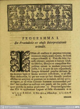 Programma I. De Praeiudiciis ex abusu Interpretationis oriundis
