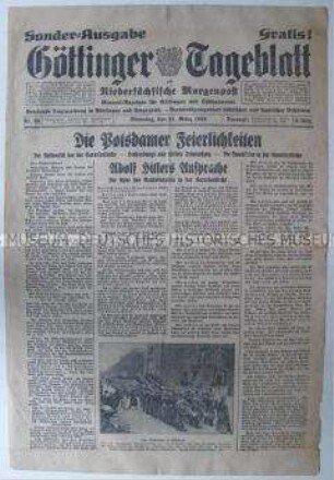 "Göttinger Tageblatt" zur Eröffnung des Reichstages nach der Wahl von 5. März 1933 ("Tag von Potsdam")