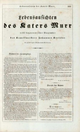 Lebensansichten des Katers Murr nebst fragmentarischer Biographie des Kapellmeisters Johann Kreisler in zufälligen Makulaturblättern