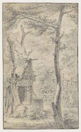 Hütte zwischen hohen Bäumen