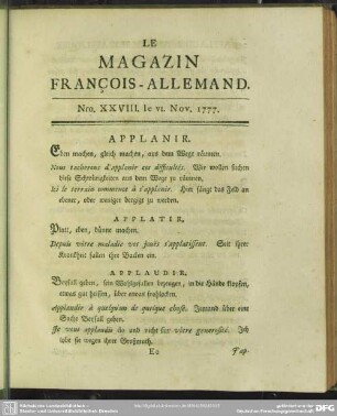 Nro. XXVIII. le VI. Nov. 1777