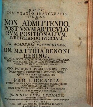 Dispvtatio inavguralis ivridica, De non admittendo, post vsvm articulorvm positionalivm ivreivrando ivdiciali