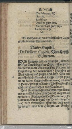 Das 17. Capitel. De Dollore Capitis. Von Kopff-Schmertzen