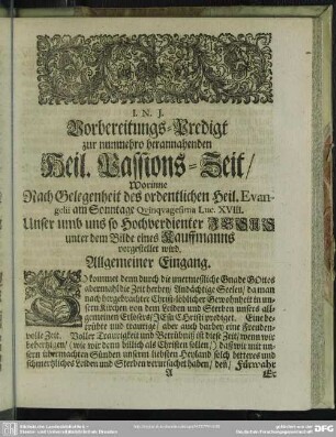 Vorbereitungs-Predigt zur nunmero herannahenden Heil. Passions-Zeit