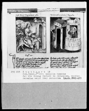 Zwei Schriften — Speculum humanae salvationis — Textseite mit zwei Miniaturen, Folio 65verso