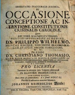 Dissertatio Inauguralis Juridica, De Occasione Conceptione Ac Intentione Constitutionis Criminalis Carolinae