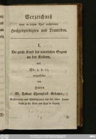 Verzeichniß derer in diesem Theil enthaltenen Hochzeitpredigten und Traureden.
