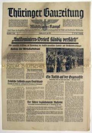 Regionale Tageszeitung der NSDAP "Thüringer Gauzeitung" zum Ausbau des Antikomintern-Paktes