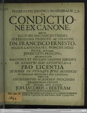 Dissertatio Iuridica Inauguralis De Condictione Ex Canone