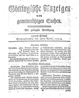 15tes Stück. Sonnabends, den 18ten April, 1772.