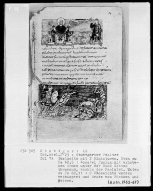 Der Stuttgarter Bibelpsalter — Textseite mit zwei Miniaturen, Folio 74recto