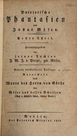 Justus Mösers sämmtliche Werke, 1. Patriotische Phantasien. Erster Theil