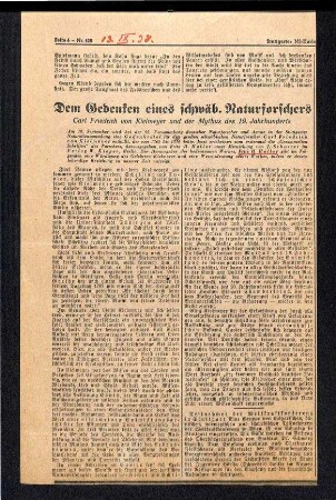 Zeitungsartikel "Dem Gedenken eines schwäbischen Naturforschers"