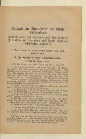 Übungen zur Sprachlehre des fünften Schuljahres
