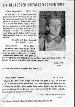 Propagandaflugblatt der Roten Armee mit Auszügen aus Briefen eines deutschen Kriegsgefangenen.
