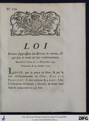 Loi Portant suppression des Brevets de retenue, & qui fixe le mode de leur remboursement.