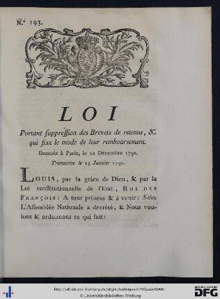 Loi Portant suppression des Brevets de retenue, & qui fixe le mode de leur remboursement.