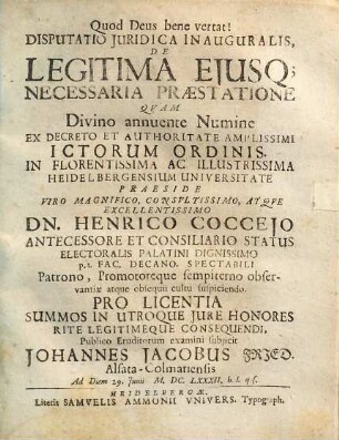 Disputatio Iuridica Inauguralis, De Legitima Eiusq[ue] Necessaria Praestatione