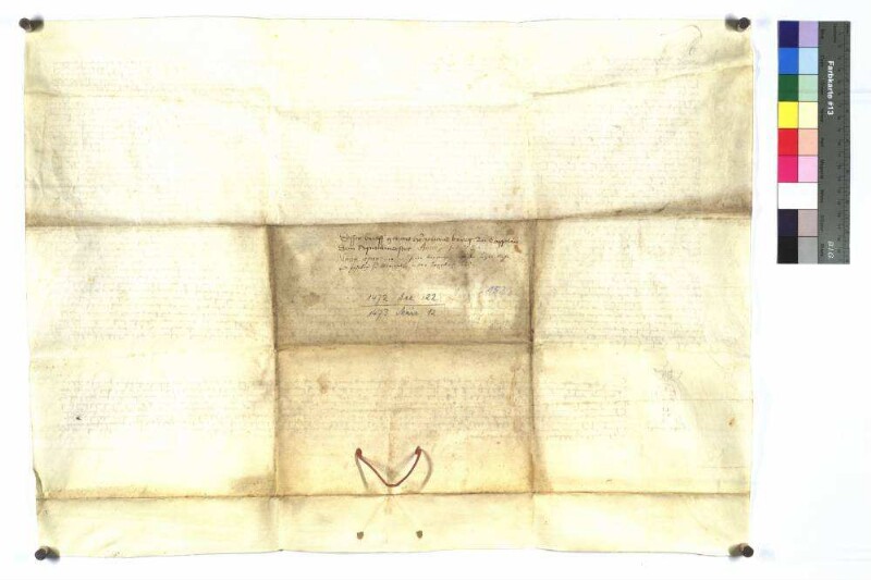 Bernhard, Abt des Zisterzienser Klosters Schöntal (Schontale) im Bistum Würzburg (Würzpurg), beurkundet, daß er von einem bevollmächtigten Boten des Johann Kriech, Kaplan des Deutschen Ordens zu Neuhaus (zum Newenhause ober Mergetheim) um Vidimierung der Urkunde des Ulrich von Lentersheim über Seelenmessen und Jahrtage in der Kapelle des Spitals zu Mergentheim gebeten wurde. Der Notar Kaspar Walther, Laie im Würzburger Bistum, bestätigt, daß er diese Urkunden vor den Zeugen vidimiert hat.