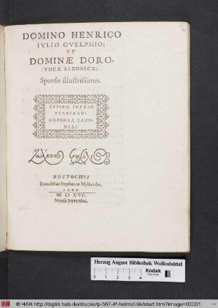 Domino Henrico Ivlio Gvelphio: Et Dominæ Dorotheæ Saxonicæ: Sponsis illustrissimis : Errikō Iuliō Gelphiadē: Dōrothea Saxonidi