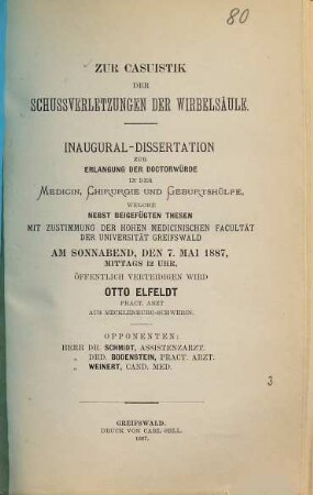 Zur Casuistik der Schußverletzungen der Wirbelsäule