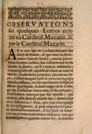 Observations Svr Qvelqves Lettres Ecrites Av Cardinal Mazarin, Et Par Le Cardinal Mazarin