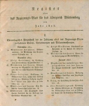 I. Chronologisches Verzeichniß der im Jahrgang 1825 des Regierungs-Blatts enthaltenen Gesetze, Verordnungen und Bekanntmachungen