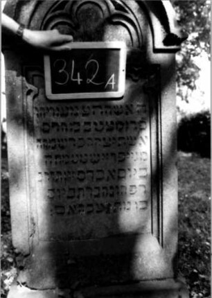 Grabstein 342 (Index: 100111934) Material: Sandstein Zustand: leicht verwittert und beschädigt Maße HxBxT: 150x64x23 cm Beschreibung: Stele, Sockel, eingezogener Rundbogenabschluß, rechteckiges Schriftfeld eingetieft Symbolik: Kleeblattbogen: Grabstein 342A