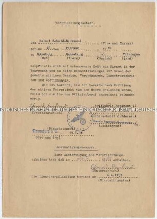 Verpflichtungserklärung eines Freiwilligen für den Militärdienst in der Wehrmacht und zur Offizierslaufbahn