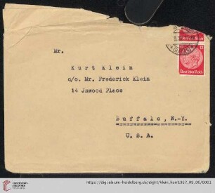 Korrespondenz von Alice und Ludwig Klein: Umschlag von Ludwig Klein an Kurt Klein