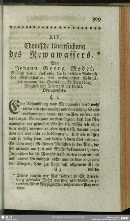 XIV. Chymische Untersuchung des Newawassers