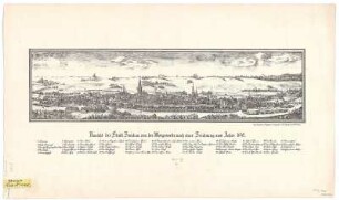 Ansicht der Stadt Zwickau von der Morgenseite, Lithographie, um 1889 : Ansicht der Stadt Zwickau von der Morgenseite : nach einer Zeichnung vom Jahre 1642. - Zwickau : Günther Nachf. , [um 1889]. - 1 Kunstbl. : Lithogr. ; 54 x 14 cm