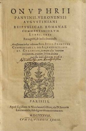 Onvphrii Panvinii Veronensis Augstiniani Reipublicae Romanae Commentariorum Libri Tres, 1